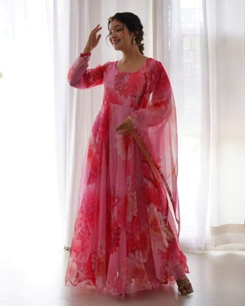 Flower Printed Fox Georgette Flair Gown With Dupatta Kurti With Dupatta Wholesale
