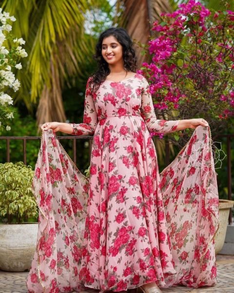 Flower Printed Fox Georgette Gown With Dupatta Kurti With Dupatta Wholesale