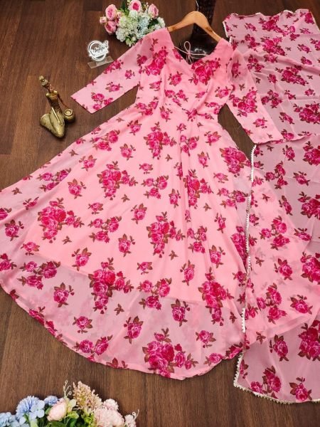 Flower Printed Fox Georgette Gown With Dupatta Kurti With Dupatta Wholesale
