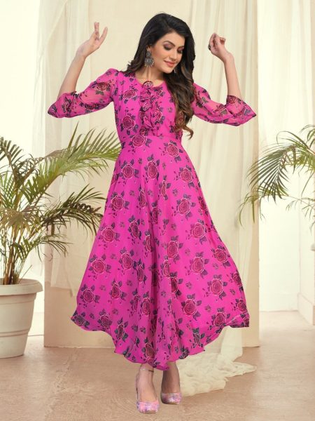 Flower Printed Heavy Georgette Long Gowns Printed Kurtis