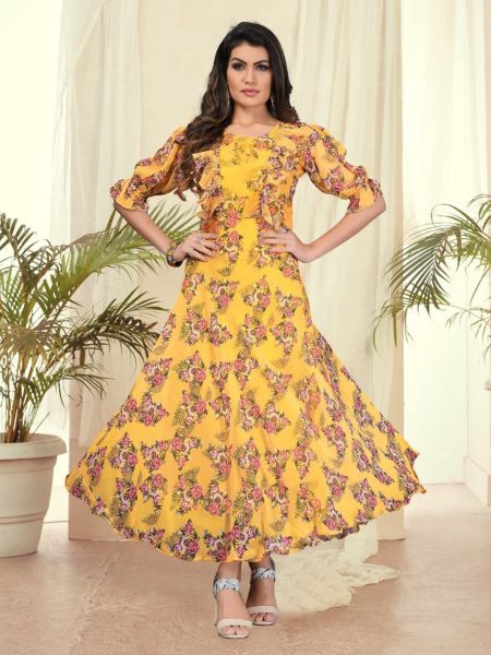 Flower Printed Heavy Georgette Long Gowns Printed Kurtis