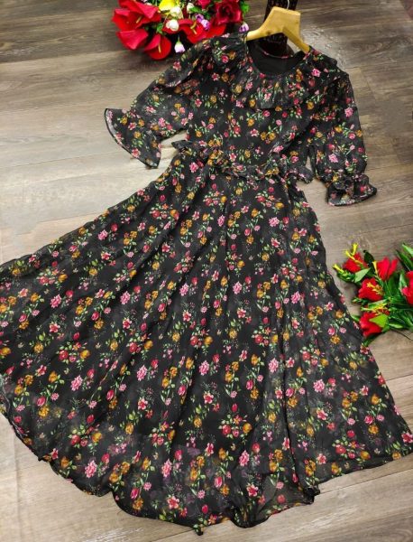 Flower Printed Heavy Georgette Long Gowns Printed Kurtis