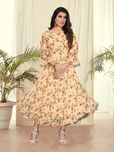 Flower Printed Heavy Georgette Long Gowns Printed Kurtis