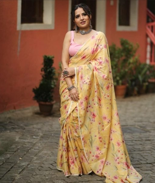 Flower Printed Heavy Japan Satin Silk Saree  Silk Sarees Wholesale