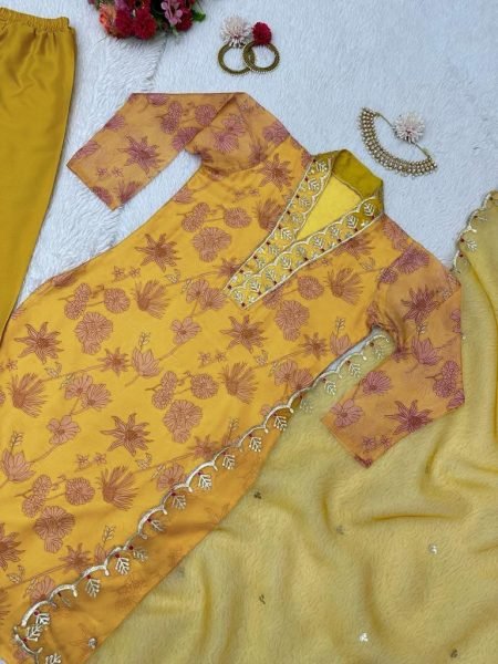 Flower Printed Yellow Colour Sequence Kurta Set  3 Piece Kurti Set