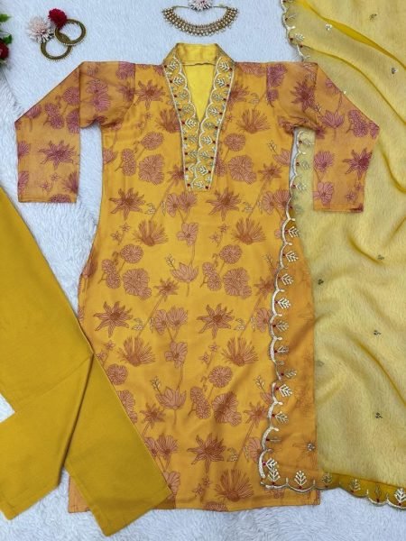 Flower Printed Yellow Colour Sequence Kurta Set  3 Piece Kurti Set
