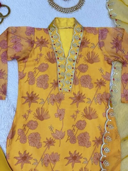 Flower Printed Yellow Colour Sequence Kurta Set  3 Piece Kurti Set