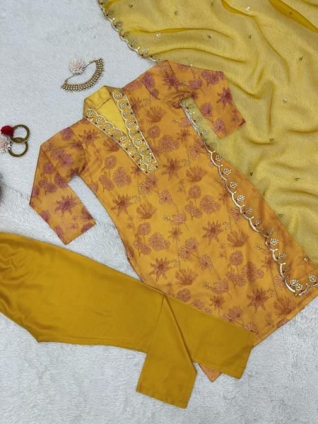Flower Printed Yellow Colour Sequence Kurta Set  3 Piece Kurti Set