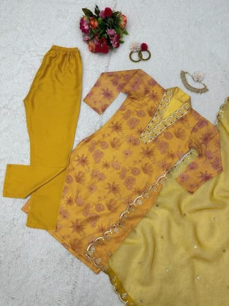Flower Printed Yellow Colour Sequence Kurta Set  3 Piece Kurti Set