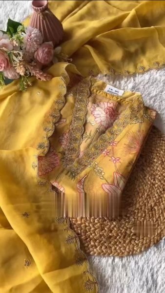 Flower Printed Yellow Colour Sequence Kurta Set  3 Piece Kurti Set