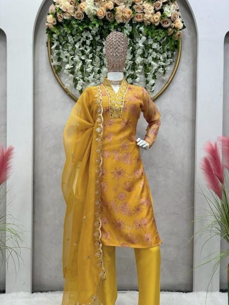 Flower Printed Yellow Colour Sequence Kurta Set  3 Piece Kurti Set