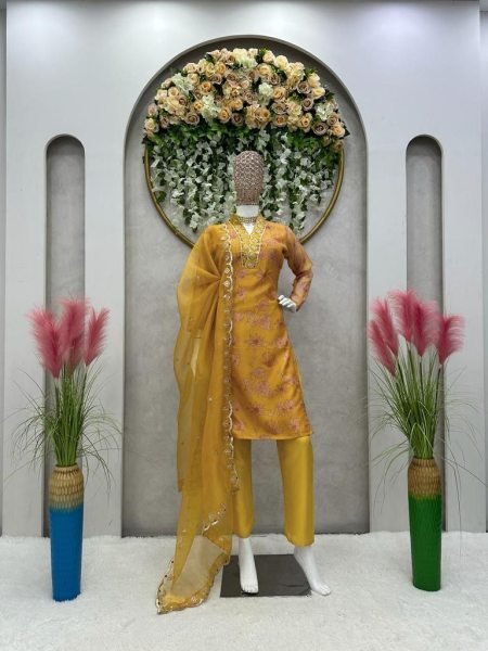 Flower Printed Yellow Colour Sequence Kurta Set  3 Piece Kurti Set