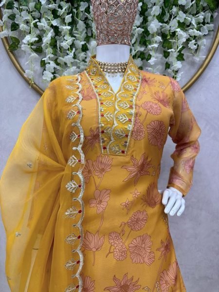 Flower Printed Yellow Colour Sequence Kurta Set  3 Piece Kurti Set