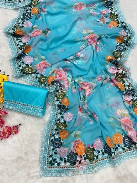 Flowers Digital Print Georgette Saree With Embroidery Work Georgette Sarees Wholesale