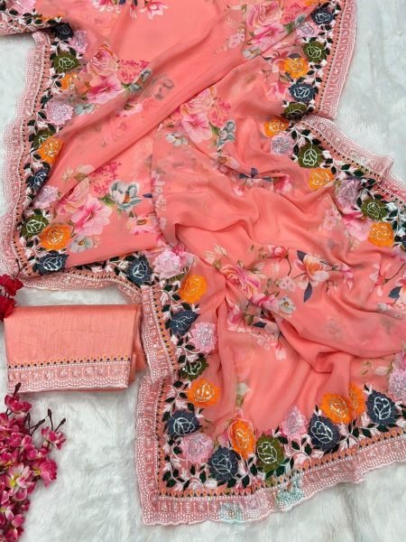 Flowers Digital Print Georgette Saree With Embroidery Work Georgette Sarees Wholesale