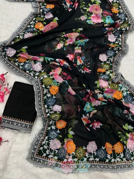 Flowers Digital Print Georgette Saree With Embroidery Work Georgette Sarees Wholesale