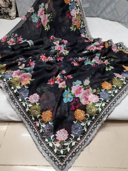 Flowers Digital Print Georgette Saree With Embroidery Work Georgette Sarees Wholesale