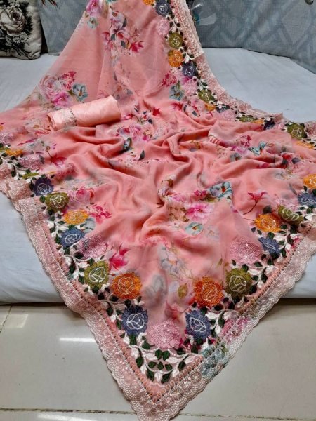 Flowers Digital Print Georgette Saree With Embroidery Work Georgette Sarees Wholesale