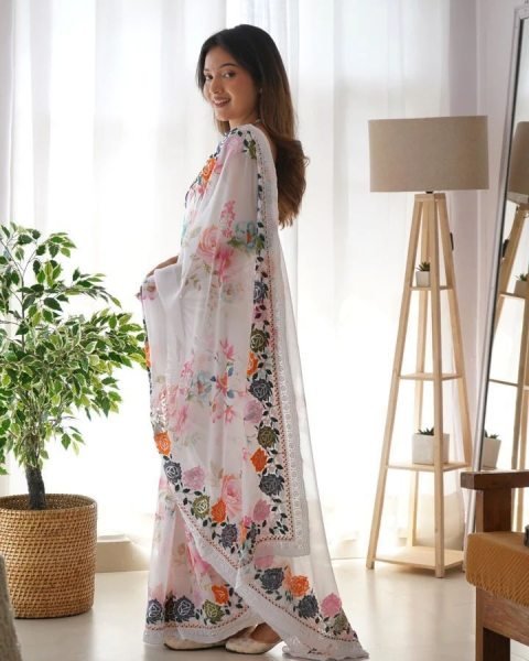 Flowers Digital Print Georgette Saree With Embroidery Work Georgette Sarees Wholesale