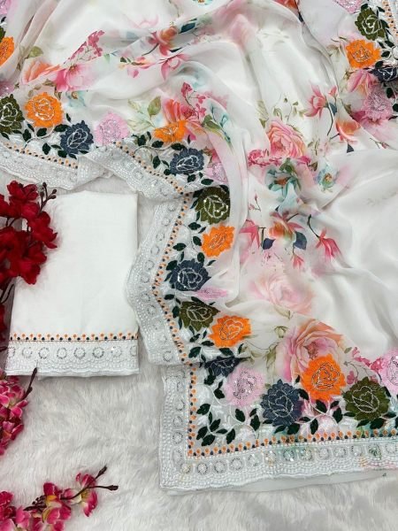 Flowers Digital Print Georgette Saree With Embroidery Work Georgette Sarees Wholesale