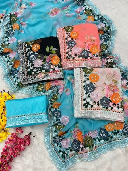 Flowers Digital Print Georgette Saree With Embroidery Work Georgette Sarees Wholesale