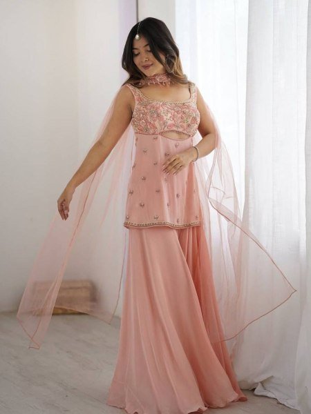 Flowy Festive Glam in Soft Peach Designer Georgette Palazzo Suit with Net Dupatta  Ready To Wear Collection