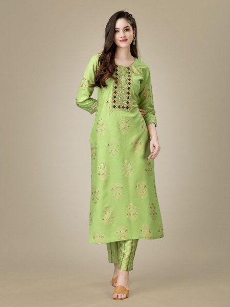 Foil Printed Heavy Rayon Embroidery Kurti Set  Kurti With Bottom Wholesale