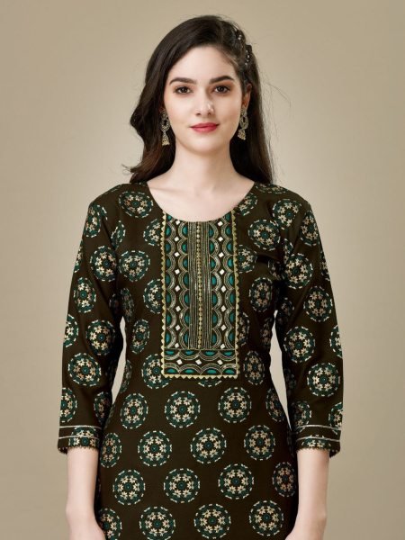 Foil Printed Heavy Rayon Embroidery Kurti Set  Kurti With Bottom Wholesale