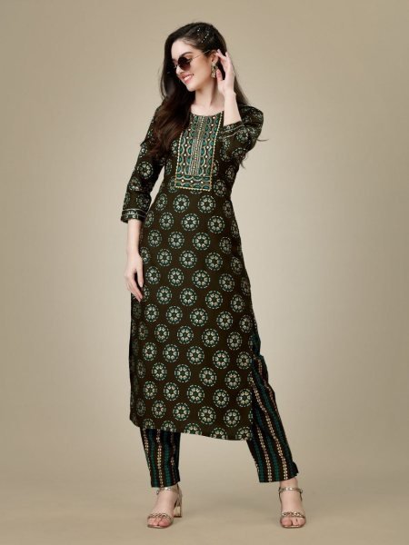 Foil Printed Heavy Rayon Embroidery Kurti Set  Kurti With Bottom Wholesale