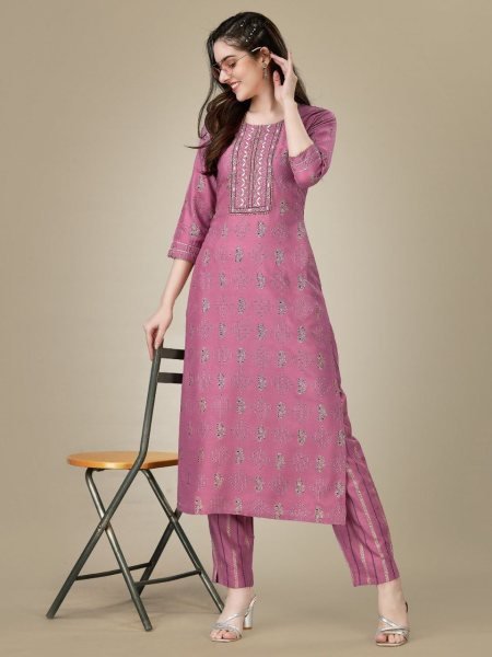 Foil Printed Heavy Rayon Embroidery Kurti Set  Kurti With Bottom Wholesale