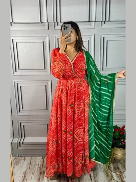 Stylish Fox Georgette Flair Gown with Trendsetting Digital Dupatta & Gota Work Pant Perfect Sangeet & Festive Glam Ensemble Georgette Kurti 