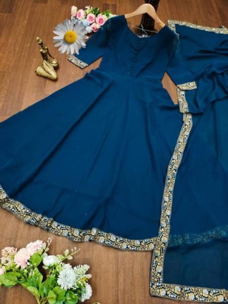 Fox Georgette Gold Printed Border Gown With Dupatta Kurti With Dupatta Wholesale
