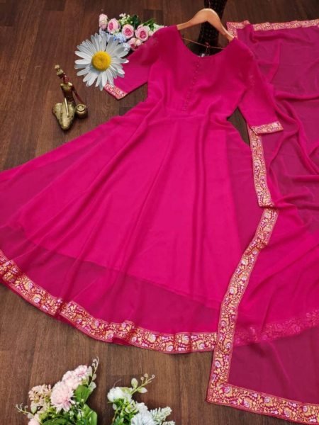 Fox Georgette Gold Printed Border Gown With Dupatta Kurti With Dupatta Wholesale