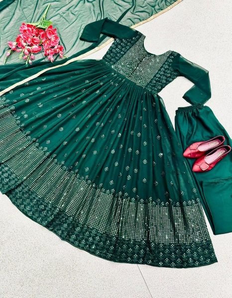 Dark Green Fox Georgette Gown Pant   Dupatta With Embroidery Work Ready To Wear Collection