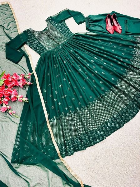 Dark Green Fox Georgette Gown Pant   Dupatta With Embroidery Work Ready To Wear Collection