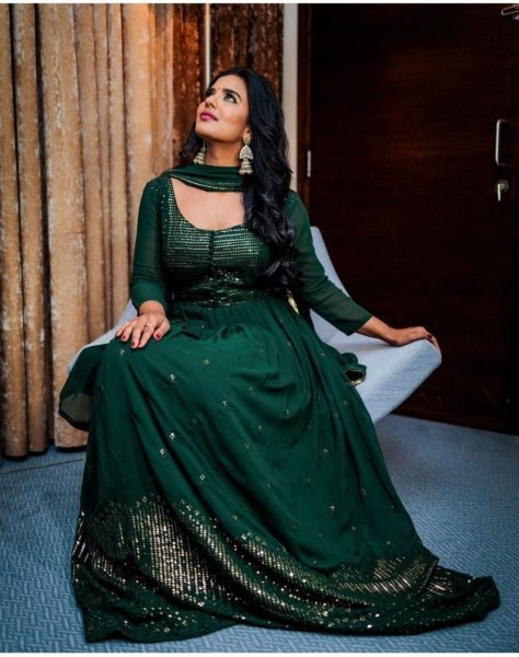 Dark Green Fox Georgette Gown Pant   Dupatta With Embroidery Work Ready To Wear Collection