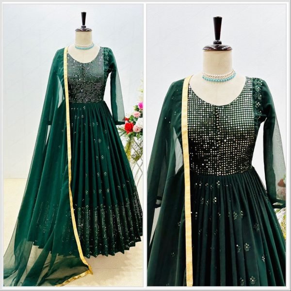 Dark Green Fox Georgette Gown Pant   Dupatta With Embroidery Work Ready To Wear Collection