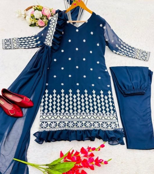 Fox Georgette Kurti Pant   Dupatta With Embroidery Work Ready To Wear Collection