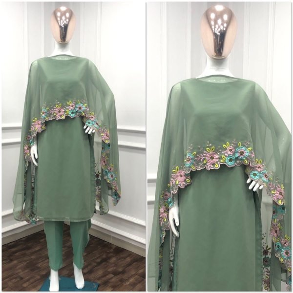 Fox Georgette Kurti Pant With Embroidery Work Dupatta 3 Piece Kurti Set
