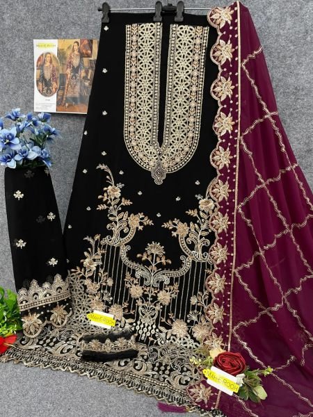 Fox Georgette   Santoon Silk Set Multi Thread Embroidered Pakistani Salwar Suit Buy From Wholesaler Pakistani Suits Wholesale