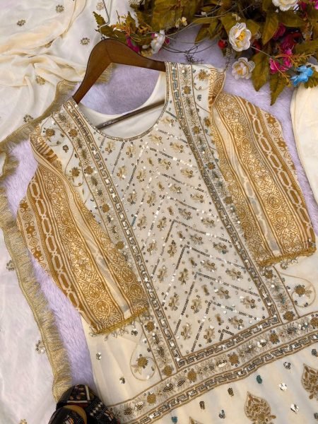 Fox Georgette Sequence Embroidery Work Kurti Pant With Dupatta  3 Piece Kurti Set