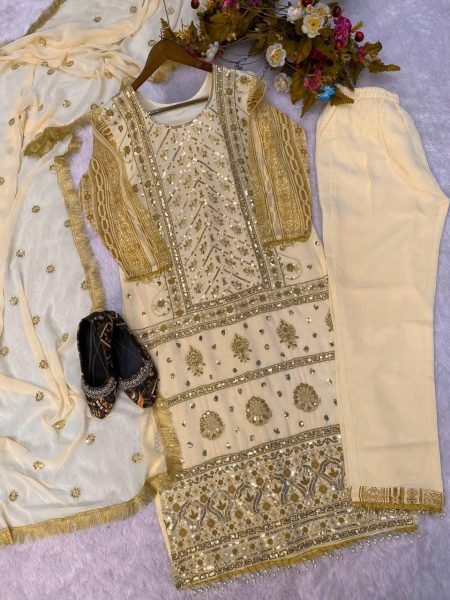 Fox Georgette Sequence Embroidery Work Kurti Pant With Dupatta  3 Piece Kurti Set
