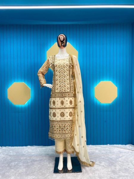 Fox Georgette Sequence Embroidery Work Kurti Pant With Dupatta  3 Piece Kurti Set