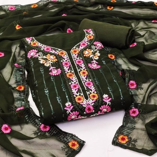 Fox Georgette With Sequence   Embroidery Work Dress Material Color Set Matching Dress Material Wholesale