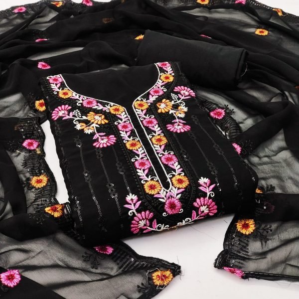 Fox Georgette With Sequence   Embroidery Work Dress Material Color Set Matching Dress Material Wholesale