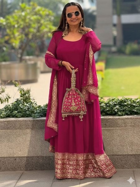 Fresh Pink Round Neck Georgette Anarkali Gown Set with Dupatta for Wedding Wear Plus Size Kurti / Gown