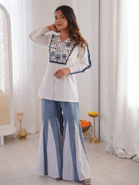 Fresh  Roman Silk Embroidered Co ord Set with Hand Work   Full Flair Palazzo for Party Wear Kurtis