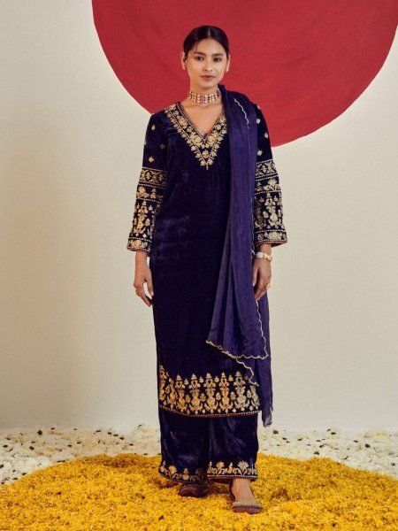 Fresh Velvet V Neck Embroidered Zari Sequin Top Palazzo Set with Dupatta for Resellers 