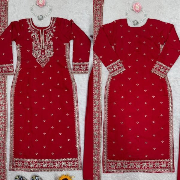 Front & Back Embroidered Roman Silk Suit with Dupatta Premium Palazzo Set for Celebrations Ready To Wear Collection