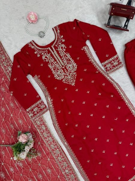 Front & Back Embroidered Roman Silk Suit with Dupatta Premium Palazzo Set for Celebrations Ready To Wear Collection